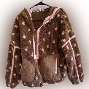 Brown and Pink Floral Sherpa Jacket